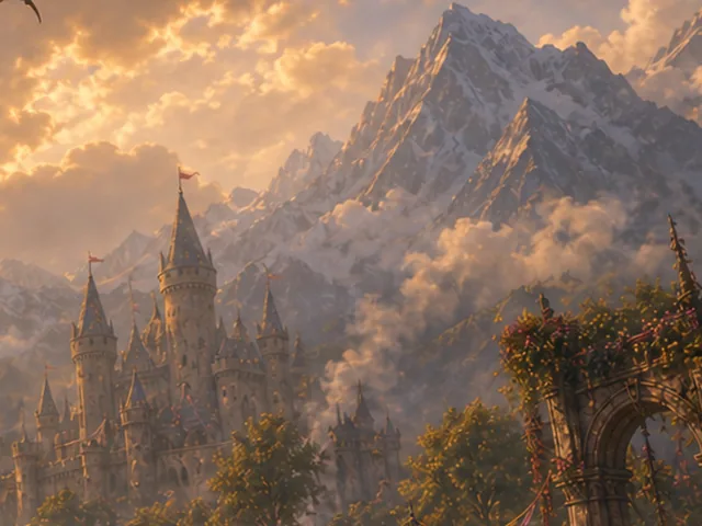 Cover art detail: a castle beneath snowy peaks at golden hour