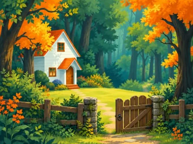 Cover art detail: a white cottage with a red roof in an autumn forest behind a wooden gate