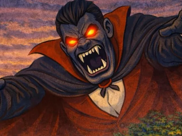 Cover art detail: a cartoon vampire with glowing eyes and a red-lined cape looming over a dusk sky